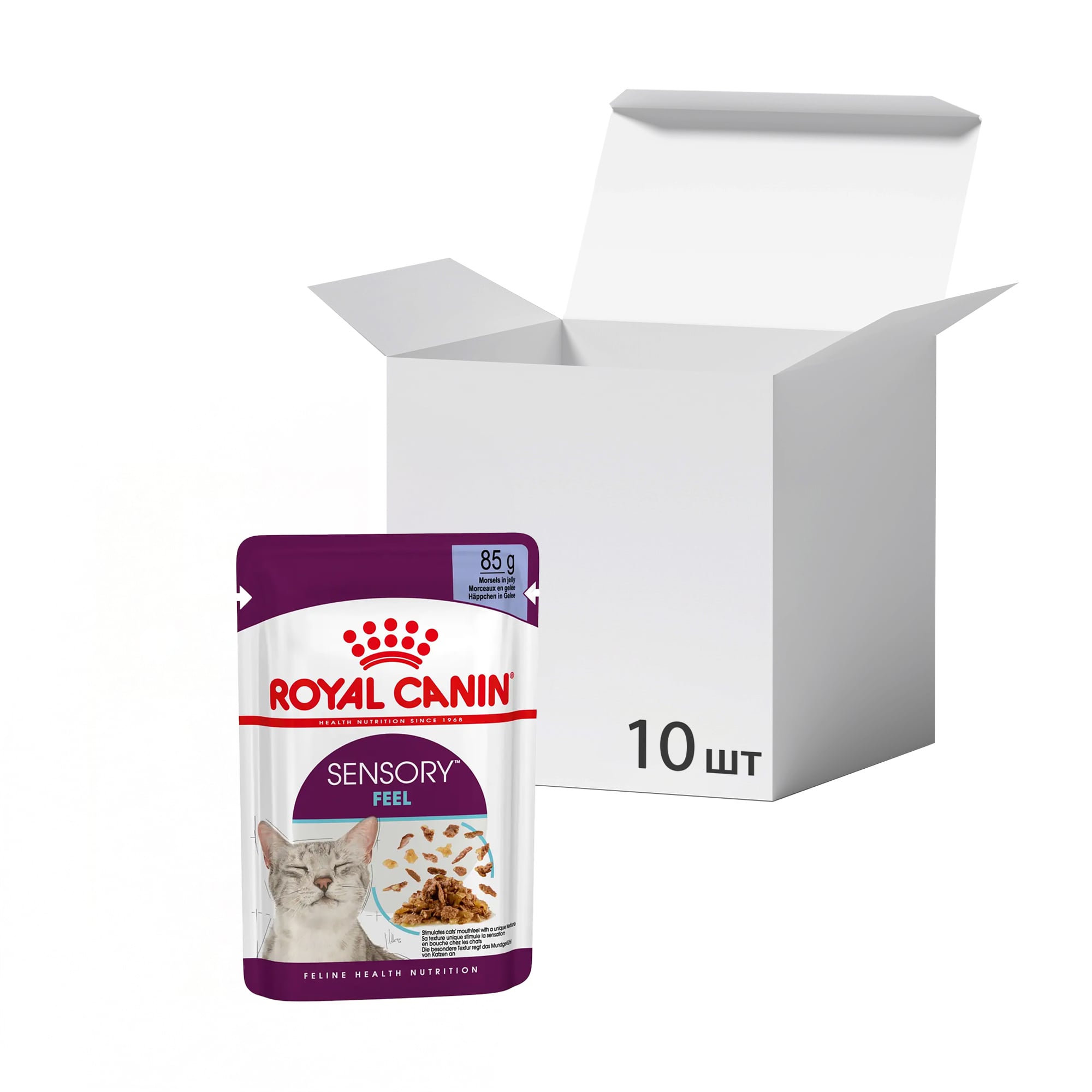 Упаковка вологого корму для дорослих котів Royal Canin Sensory Feel шматочки в желе, стимулює відчуття корму, 85 г * 10 шт
